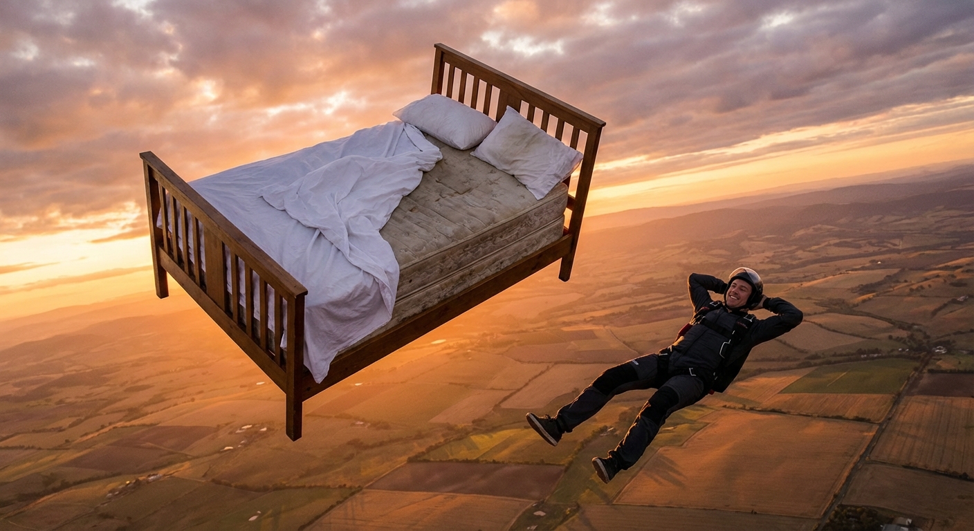 Old bed and nightstand tumbling through the sky at golden hour
