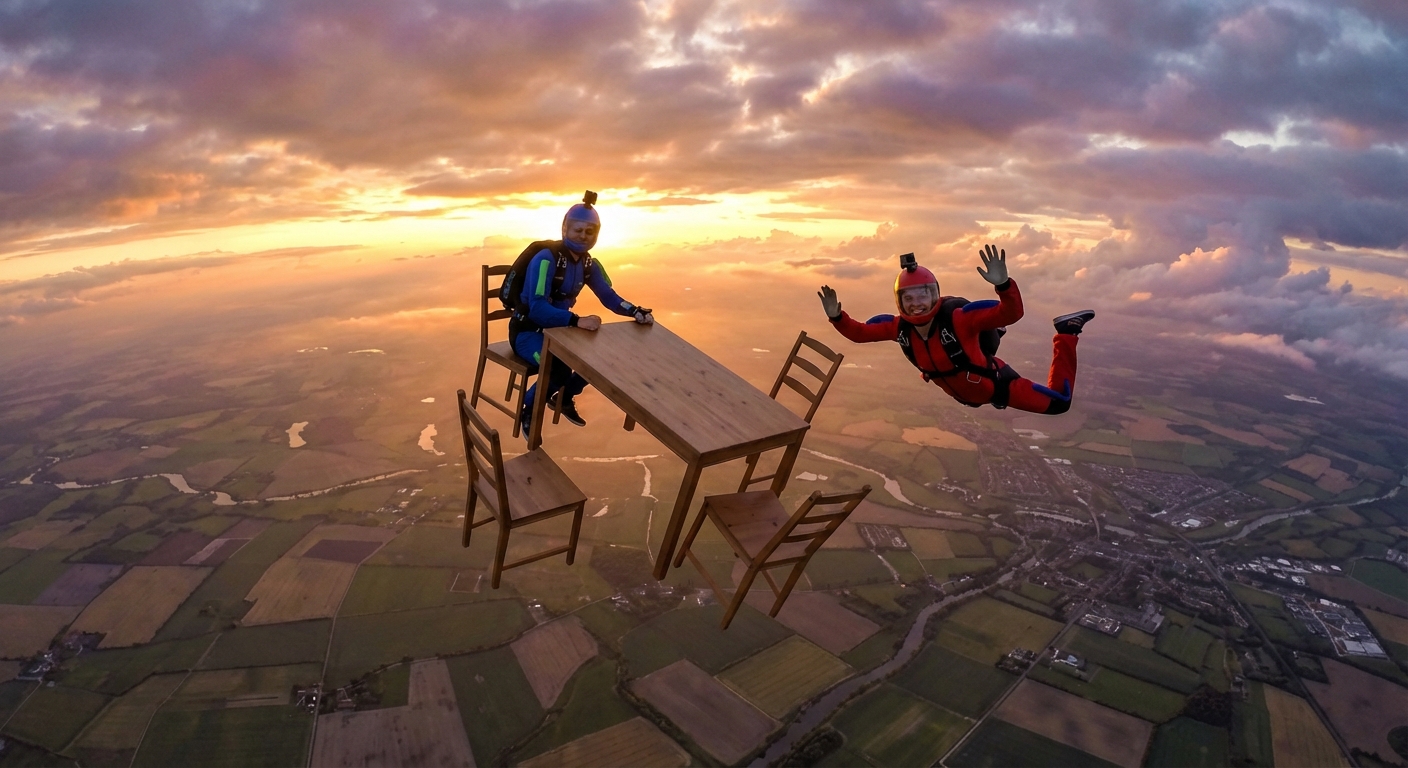 Dining table set floating in sky with skydiver posing nearby