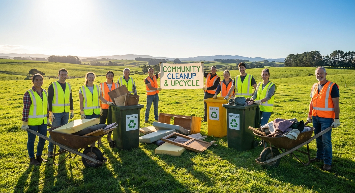 Team collecting scattered furniture pieces on a green field for recycling after a furniture skydive drop