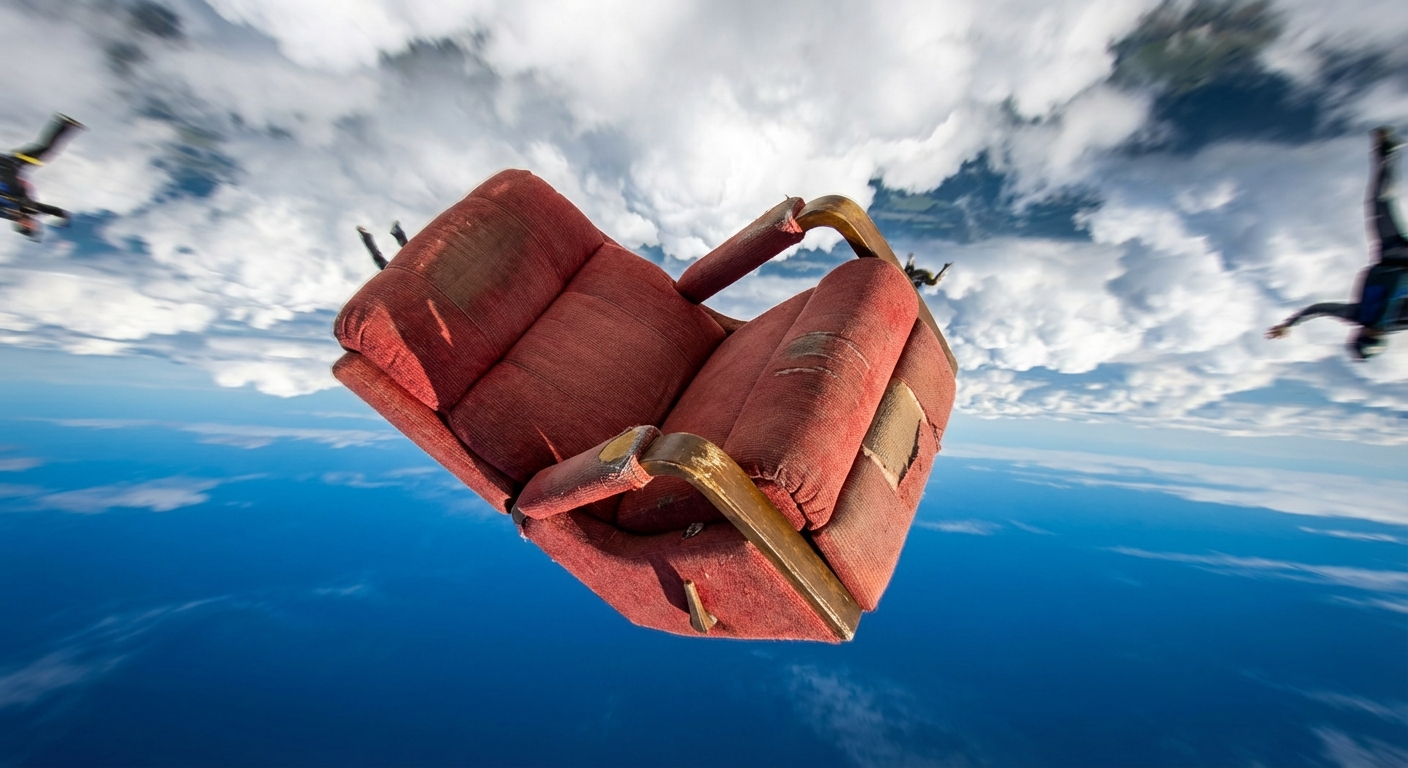 Red armchair floating in blue sky with clouds below during skydive