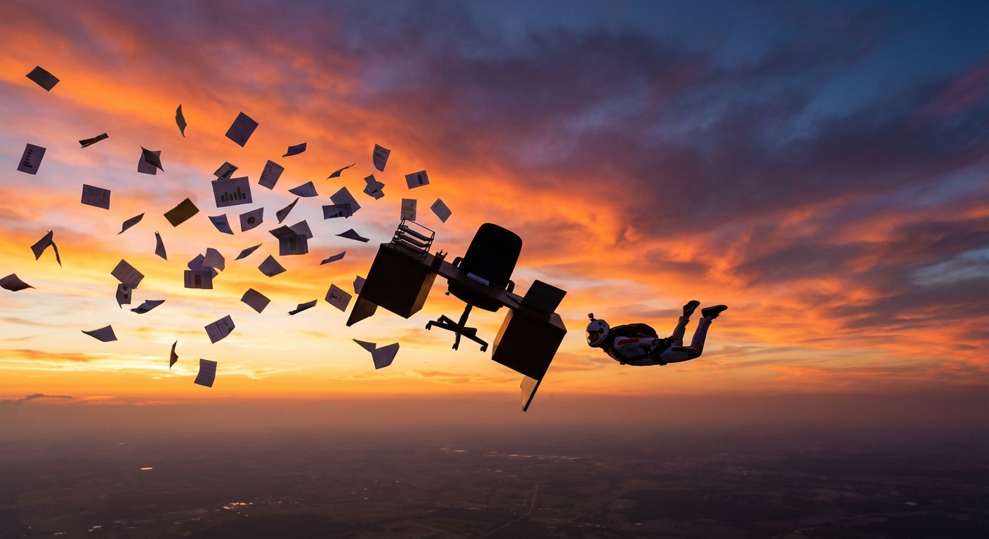 Office desk with papers flying everywhere against sunset sky during skydive