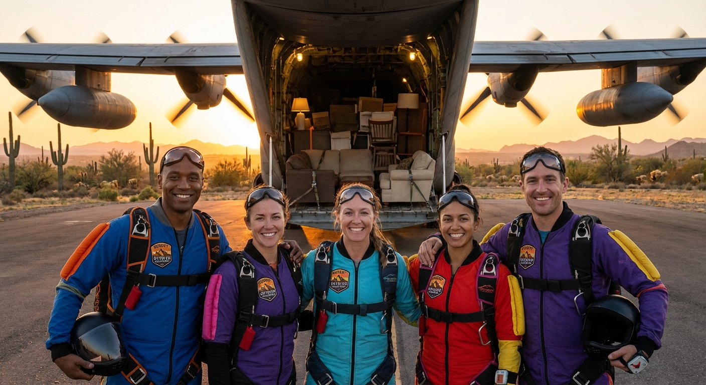 SkyFurniture Drop team standing in front of cargo airplane on airfield at sunset