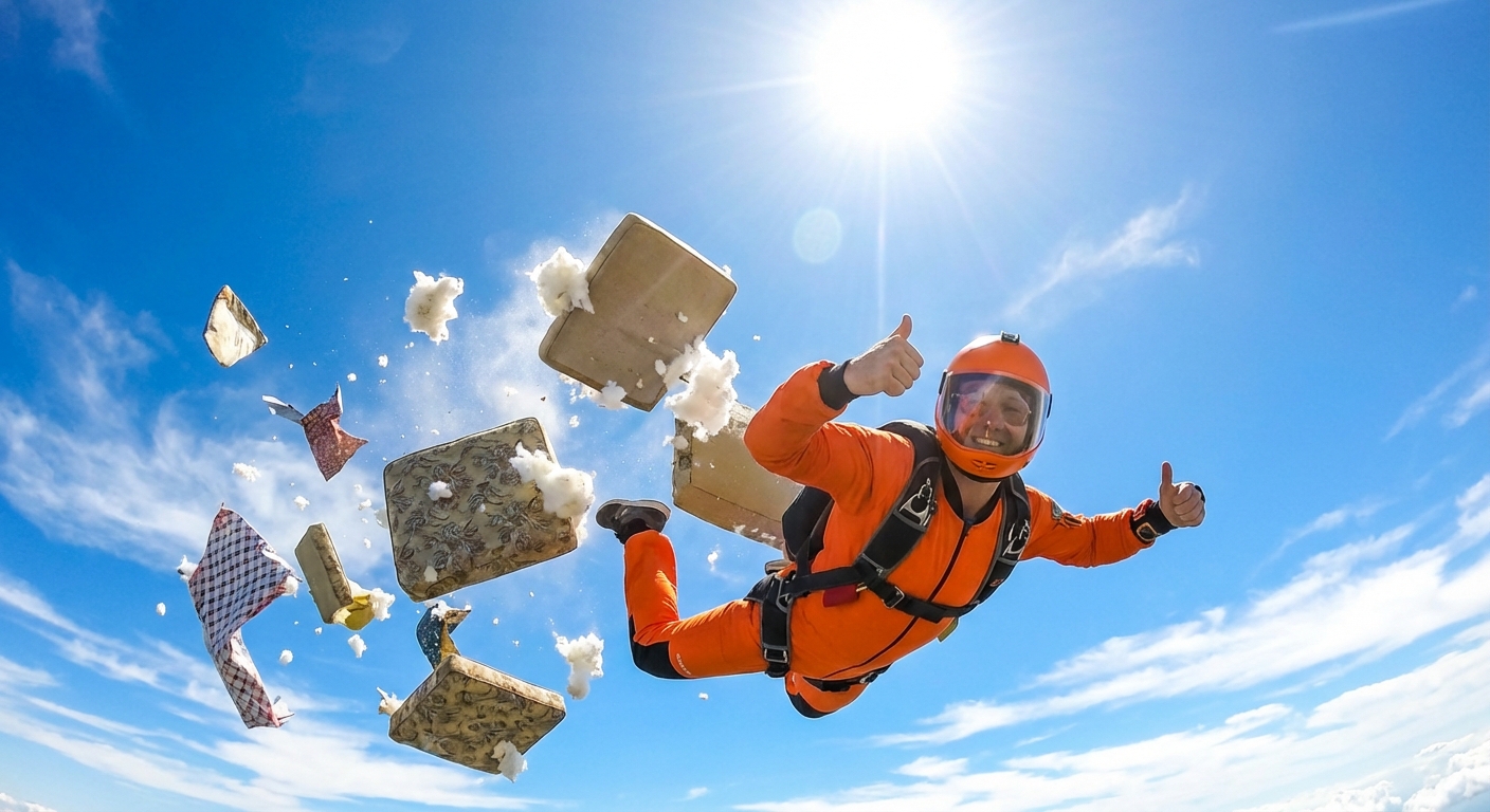 Skydiver posing next to falling sofa cushions in bright sunlight