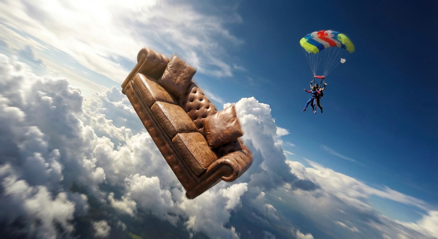 Old sofa tumbling through clouds during skydiving adventure
