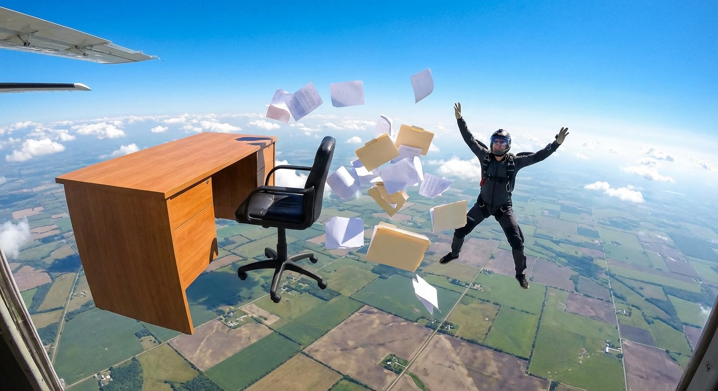 Office desk and chair tumbling through blue sky with papers flying
