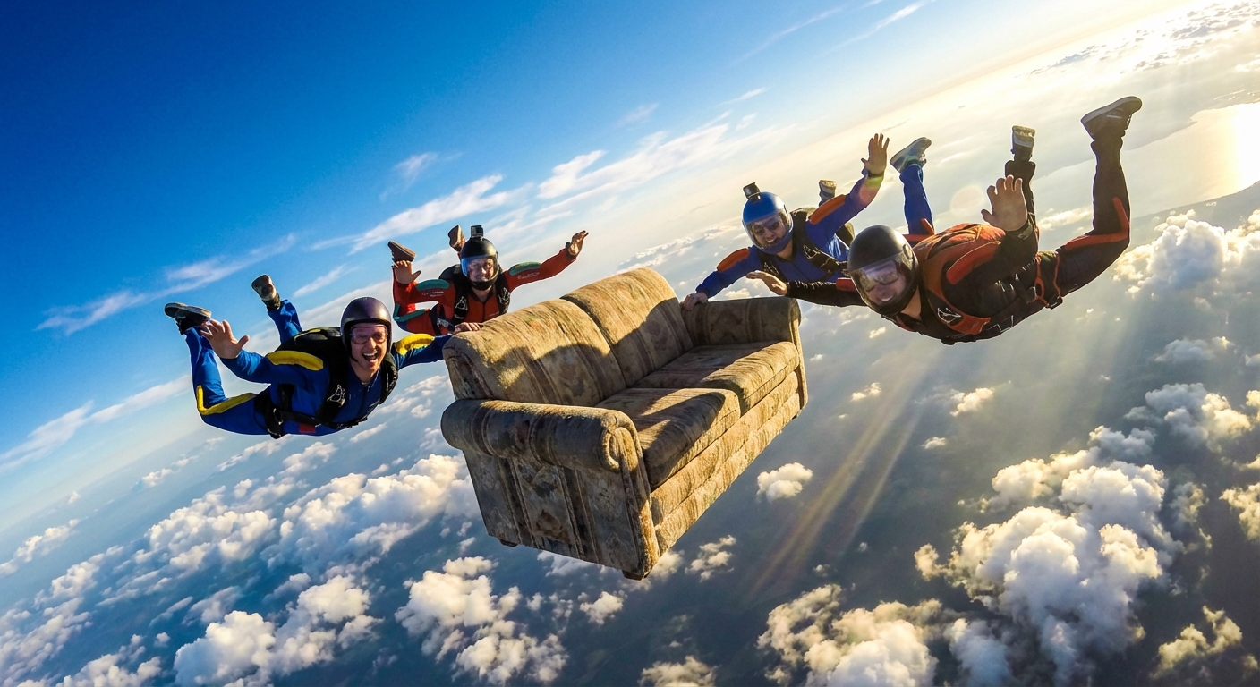 Furniture skydiving adventure with a couch flying through blue sky