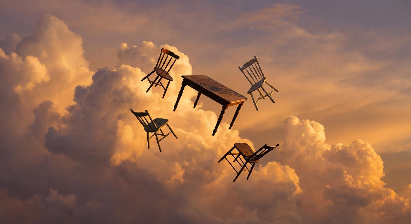Dining table and chairs scattered in free fall with dramatic cloud background
