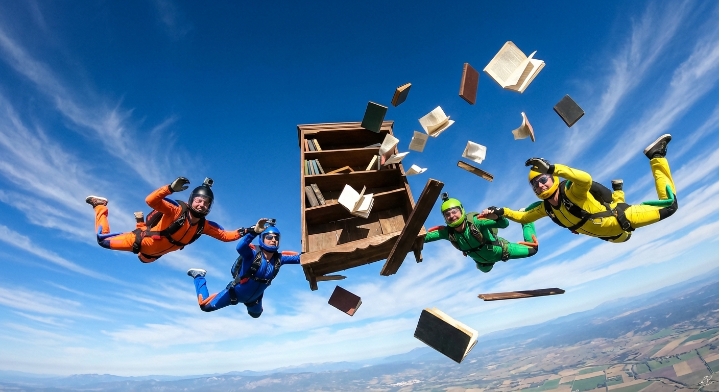 Group of skydivers in formation around a tumbling bookshelf against blue sky