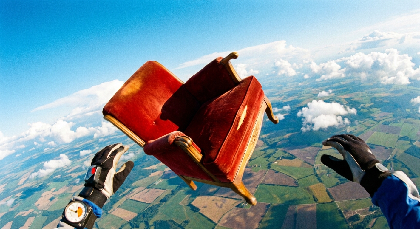 Armchair floating in the sky during skydive
