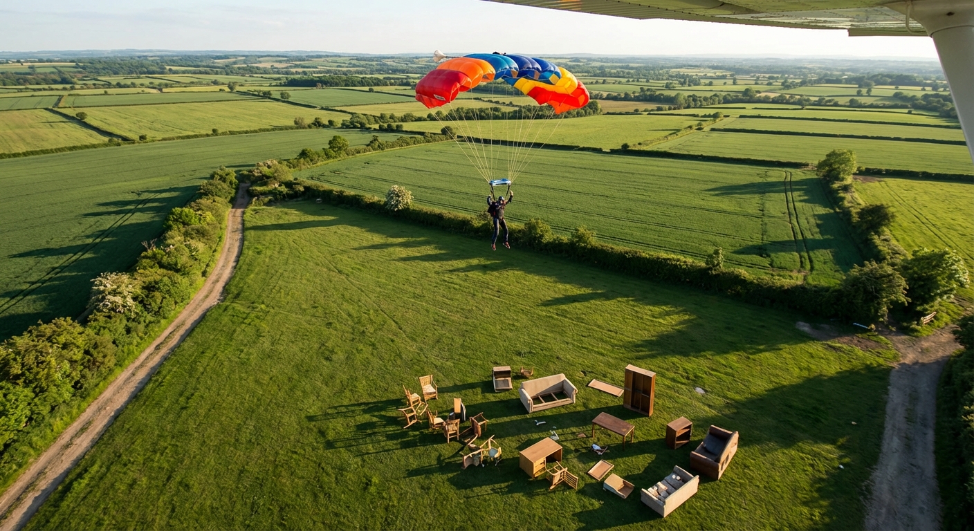 Peaceful parachute descent over green field with furniture debris below